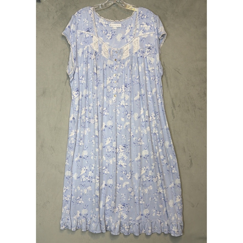 Eileen West Nightgown Women's 2X Blue Floral Modal Lace Trim Sleep Dress EUC